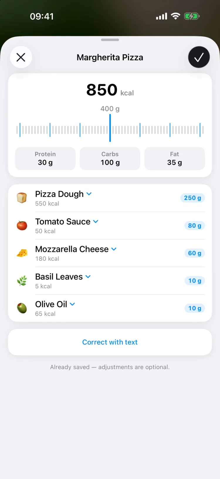 Das Scan‑Ergebnis: Margherita‑Pizza, 850 kcal, Zutaten mit geöffneter Auswahl